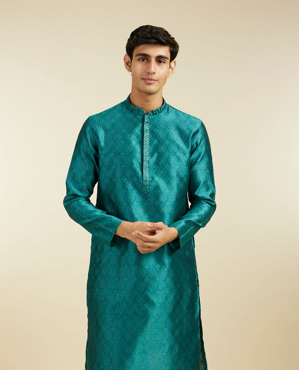 alt message - Diwas Men Teal Green Ogee Jaal Patterned Kurta image number 0