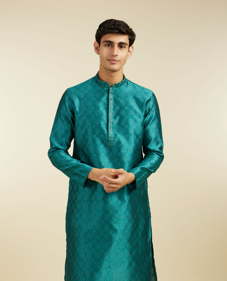 Diwas Men Teal Green Ogee Jaal Patterned Kurta