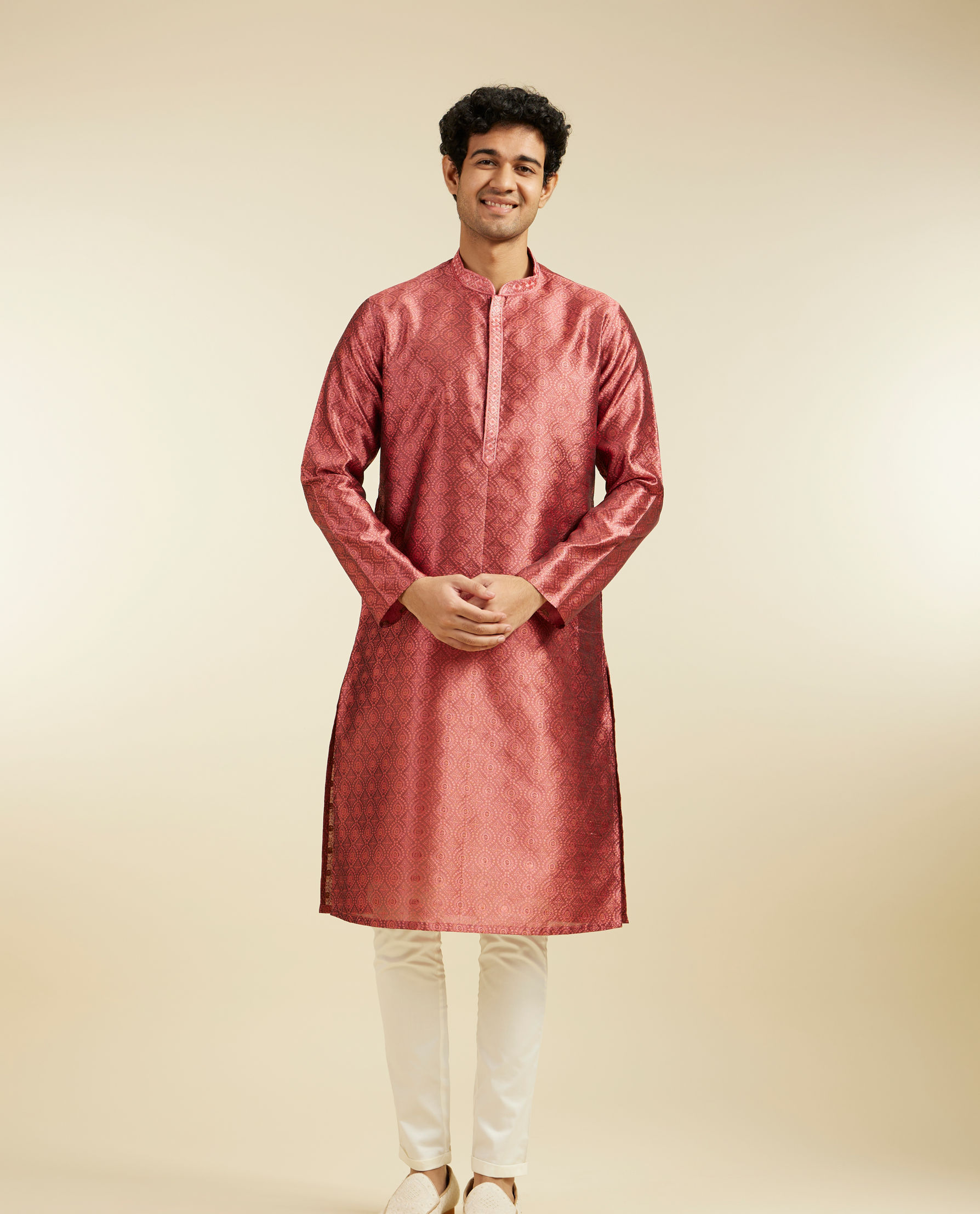 alt message - Diwas Men Rust Red Ogee Jaal Patterned Kurta image number 2