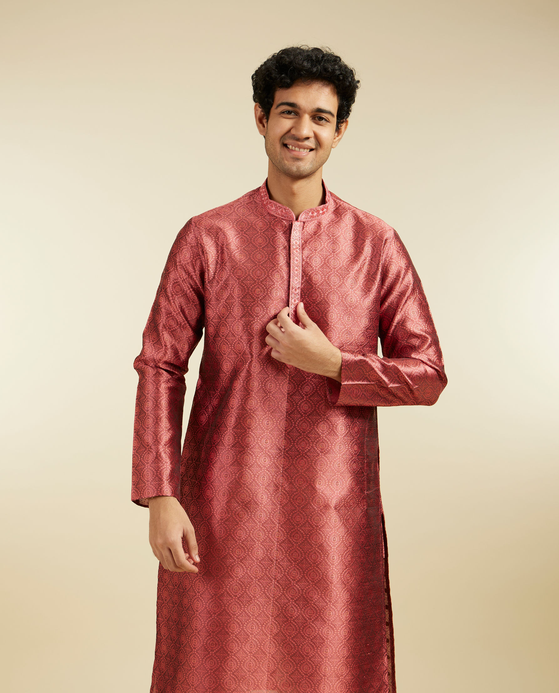 alt message - Diwas Men Rust Red Ogee Jaal Patterned Kurta image number 0