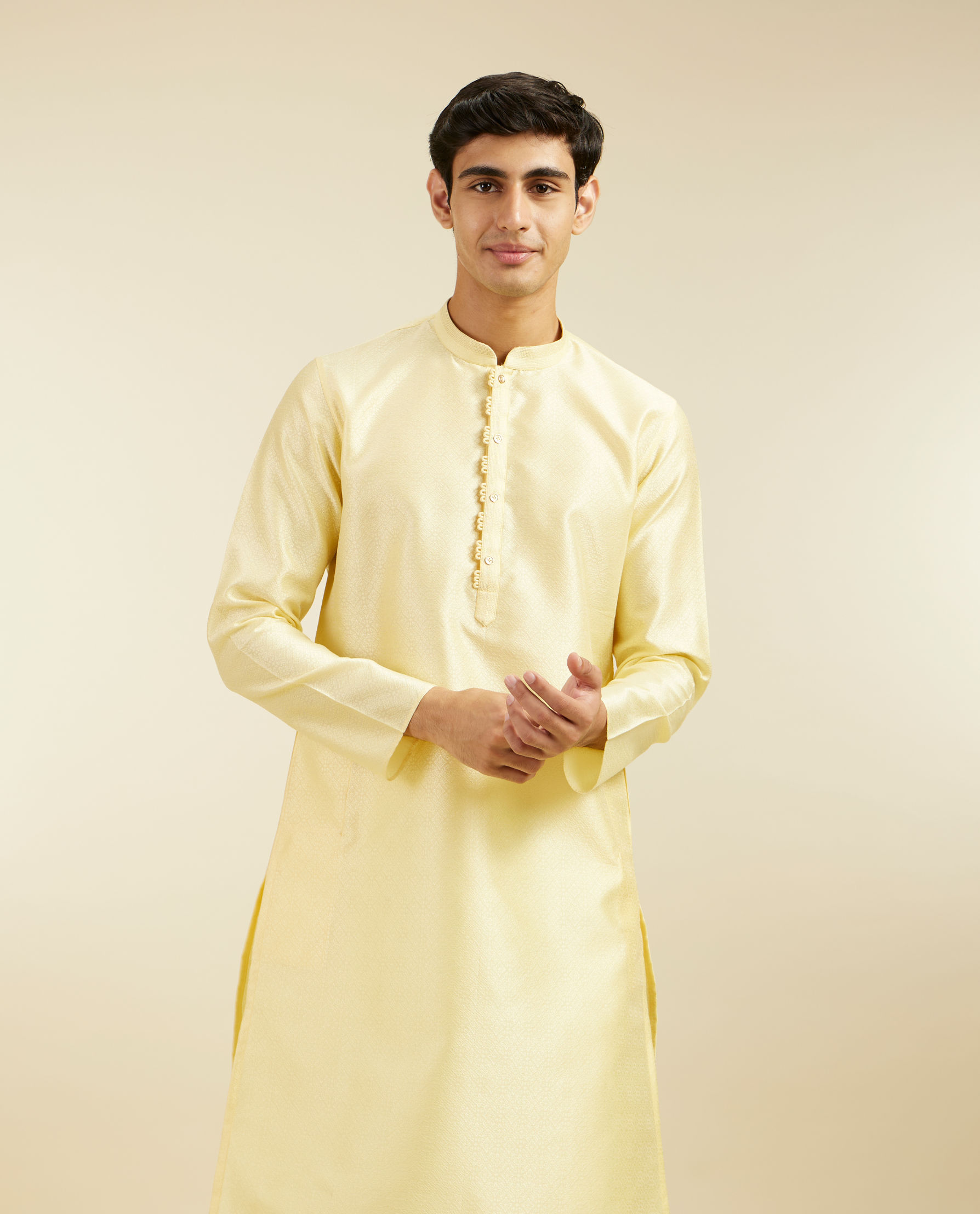 alt message - Diwas Men Lemon Yellow Grid Patterned Kurta image number 0