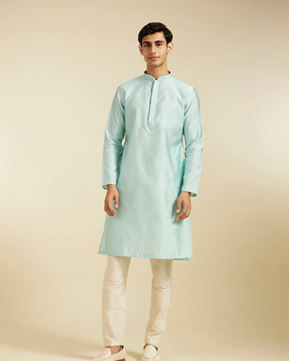 Diwas Men Aqua Green Subtle Self Patterned Kurta with Embroidered Placket