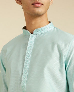 Diwas Men Aqua Green Subtle Self Patterned Kurta with Embroidered Placket