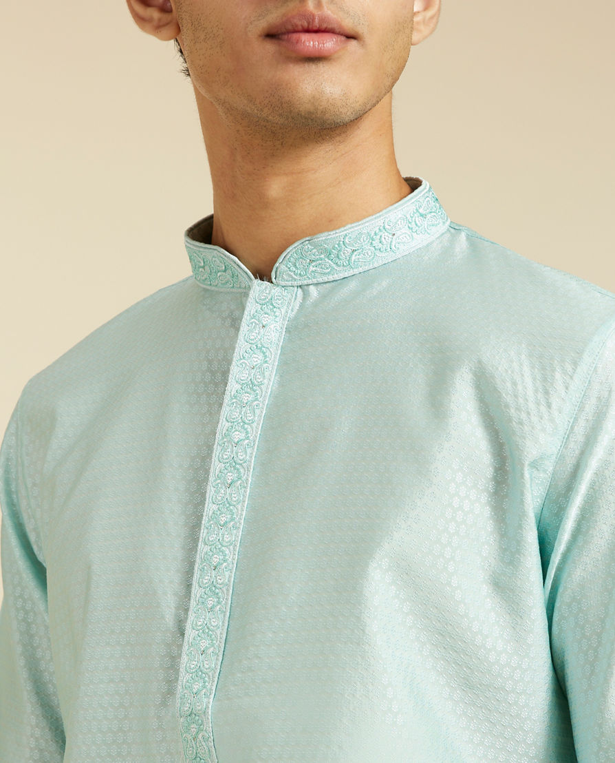 Diwas Men Aqua Green Subtle Self Patterned Kurta with Embroidered Placket