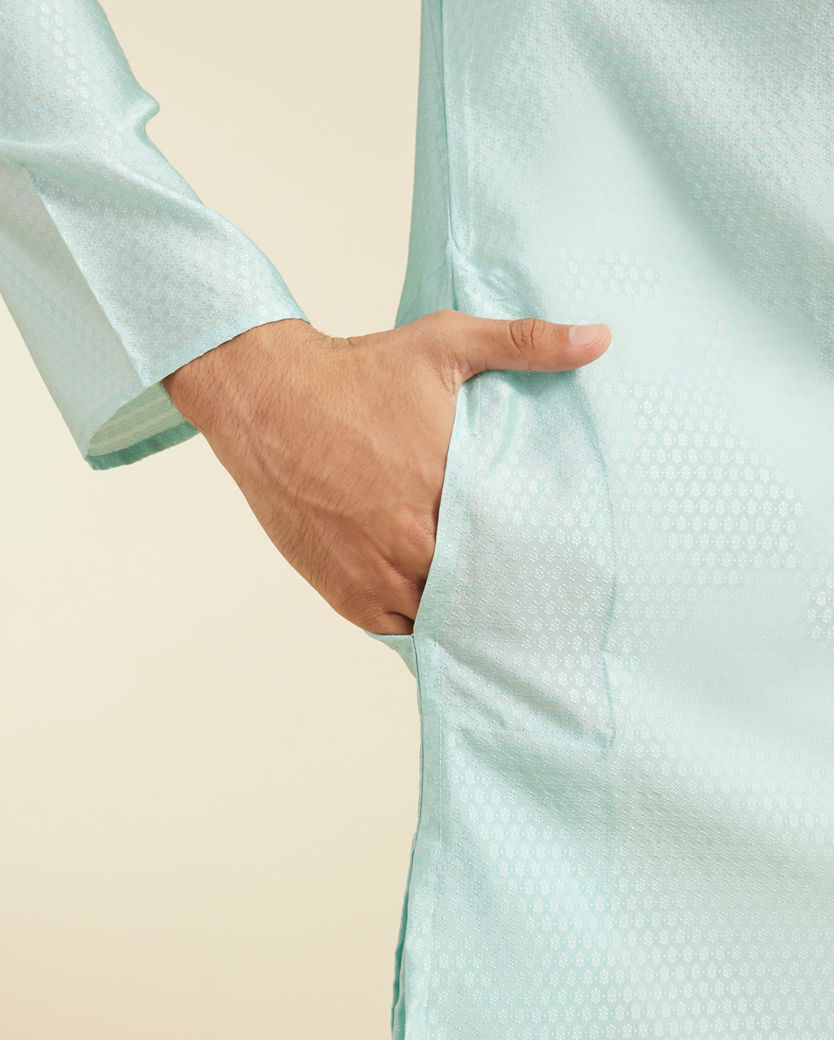 Diwas Men Aqua Green Subtle Self Patterned Kurta with Embroidered Placket