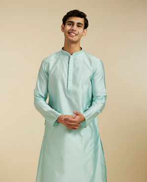 Diwas Men Aqua Green Subtle Self Patterned Kurta with Embroidered Placket