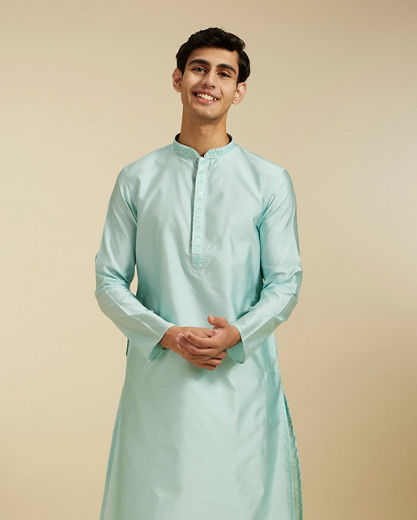 Diwas Men Aqua Green Subtle Self Patterned Kurta with Embroidered Placket