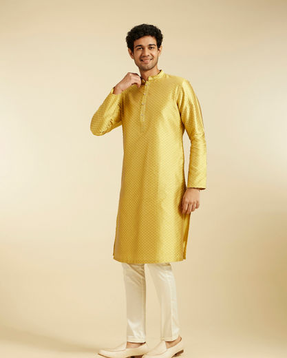 Diwas Men Mehndi Green Self Striped & Jaal Patterned Kurta