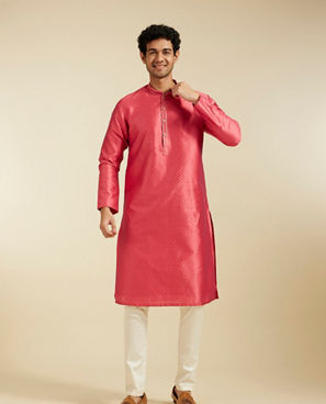 Diwas Men Coral Peach Self Striped & Jaal Patterned Kurta