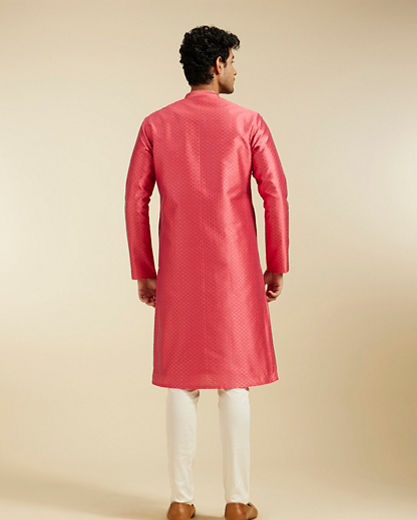 Diwas Men Coral Peach Self Striped & Jaal Patterned Kurta