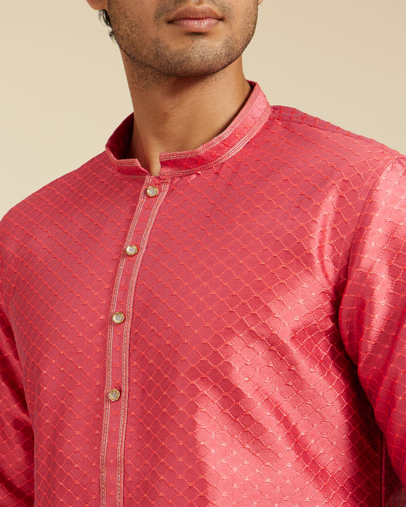 Diwas Men Coral Peach Self Striped & Jaal Patterned Kurta