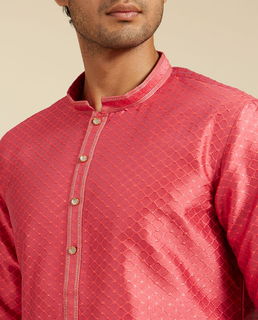 Diwas Men Coral Peach Self Striped & Jaal Patterned Kurta