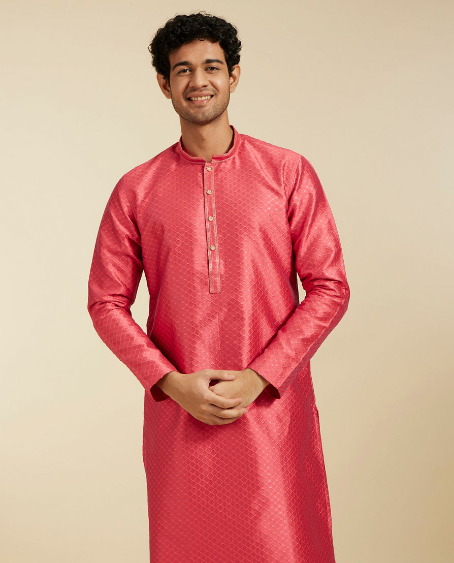 Diwas Men Coral Peach Self Striped & Jaal Patterned Kurta