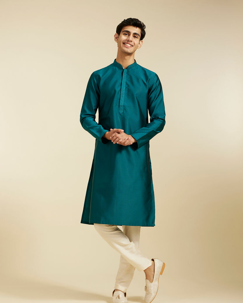 Diwas Men Teal Green Lattice Patterned Kurta