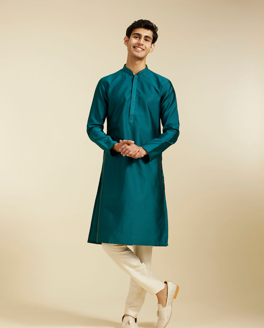 Diwas Men Teal Green Lattice Patterned Kurta