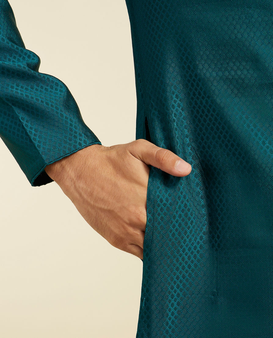 Diwas Men Teal Green Lattice Patterned Kurta
