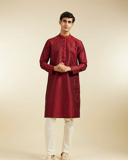 Diwas Men Maroon Red Lattice Patterned Kurta