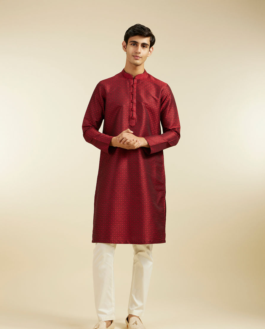 Diwas Men Maroon Red Lattice Patterned Kurta