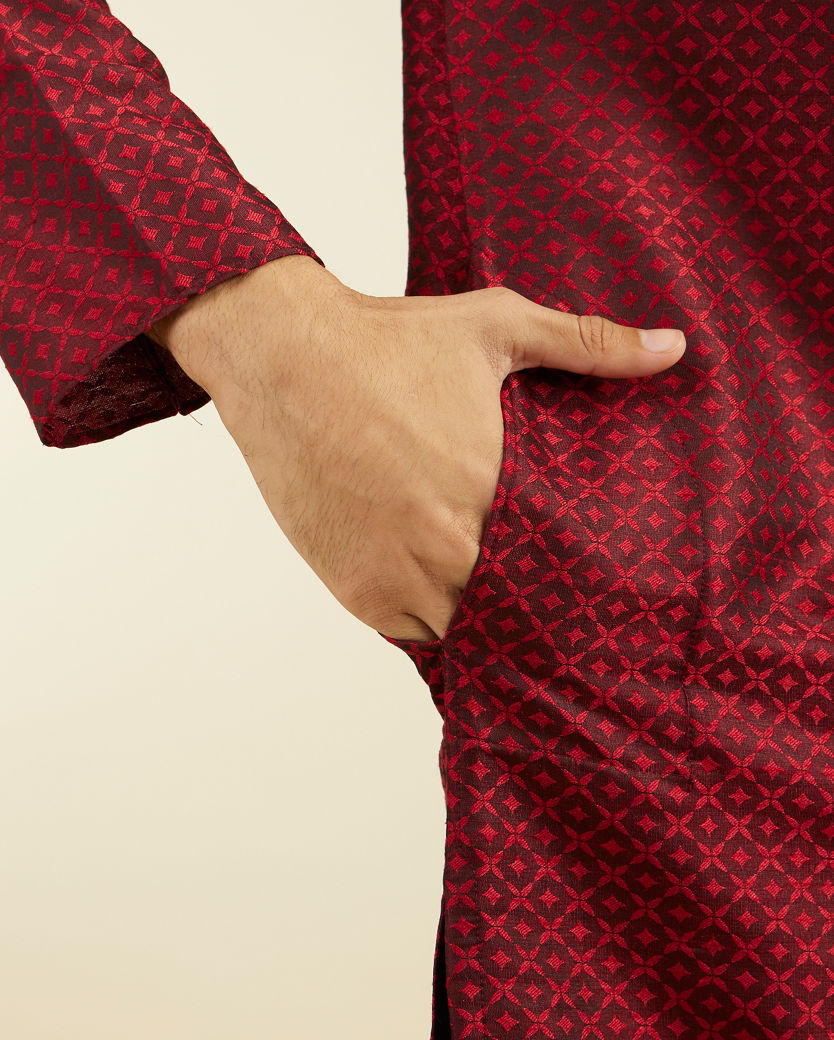 Diwas Men Maroon Red Lattice Patterned Kurta