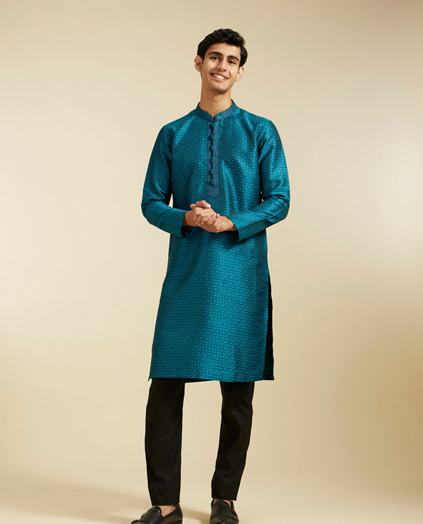 alt message - Diwas Men Teal Blue Lattice Patterned Kurta image number 2