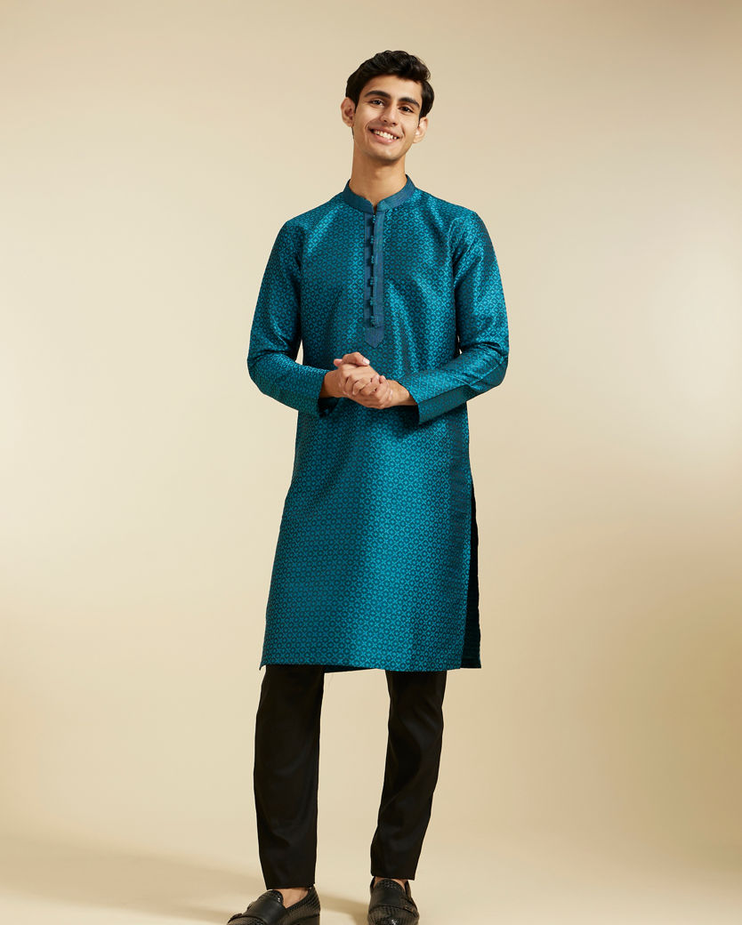 Diwas Men Teal Blue Lattice Patterned Kurta