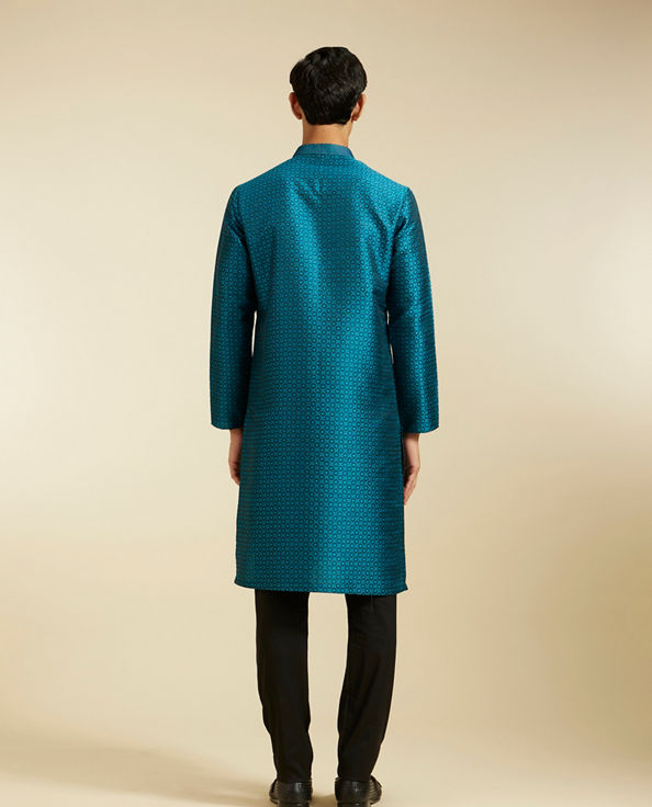 alt message - Diwas Men Teal Blue Lattice Patterned Kurta image number 4