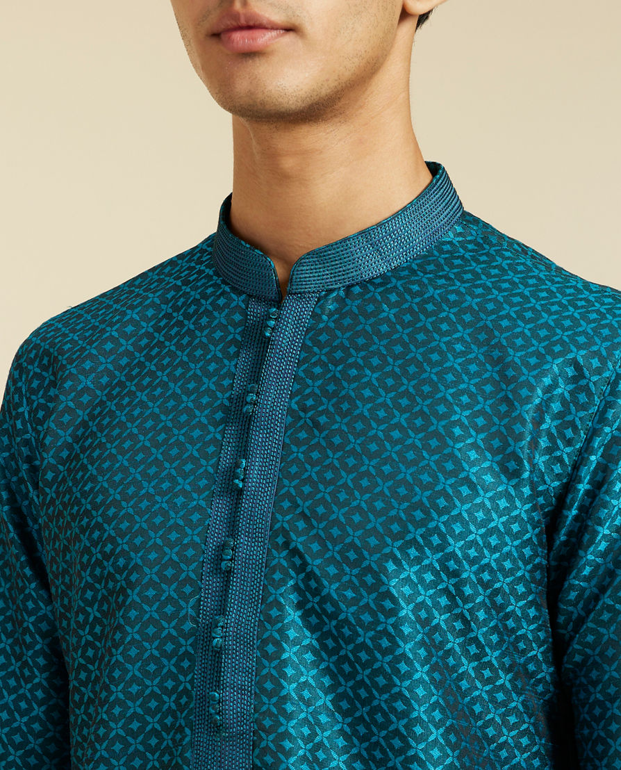 Diwas Men Teal Blue Lattice Patterned Kurta