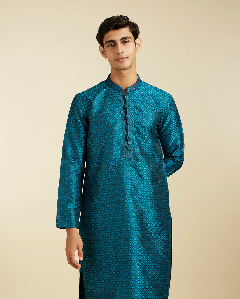 alt message - Diwas Men Teal Blue Lattice Patterned Kurta image number 0