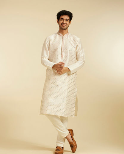 Diwas Men Warm White Linear Patterned Kurta with Sequin Work