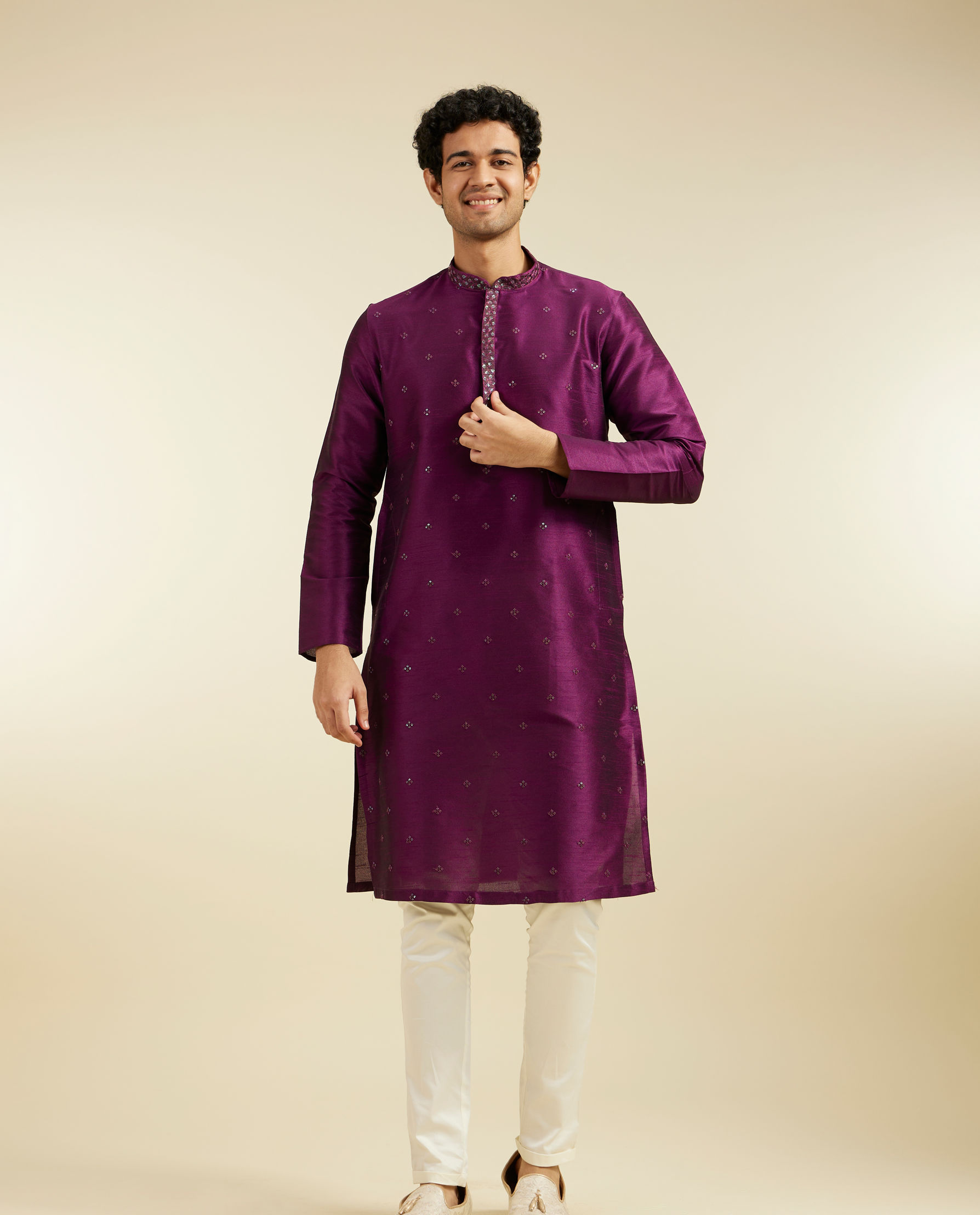 alt message - Diwas Men Royal Purple Sequin Embellished Kurta image number 2