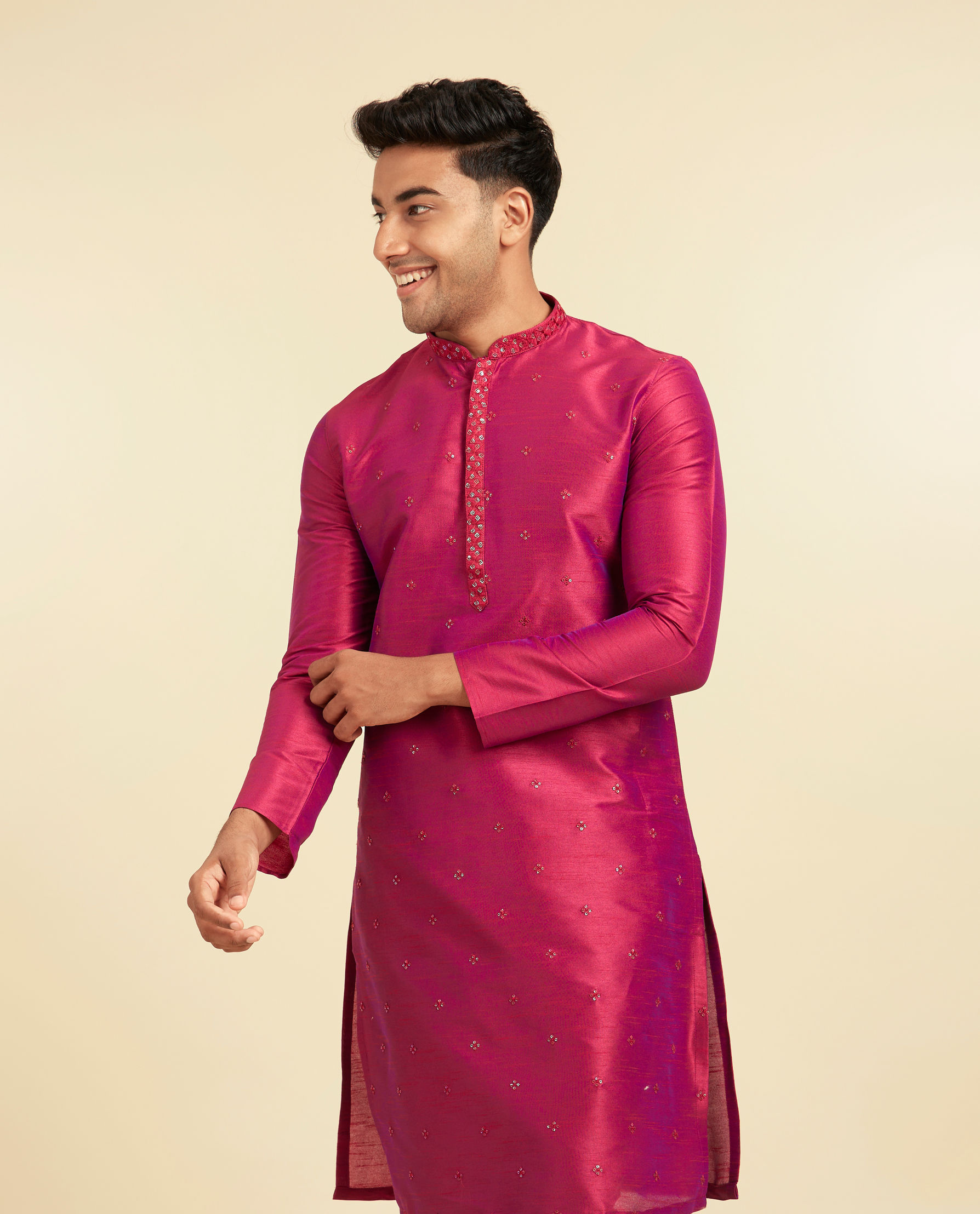 Diwas Men Enchanting Rani Pink Silk Kurta