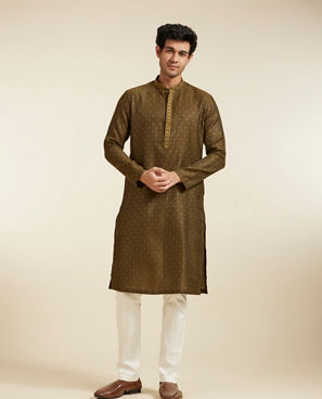 Diwas Men Olive Green Intricate Chowkadi Pattern with Sequin Work