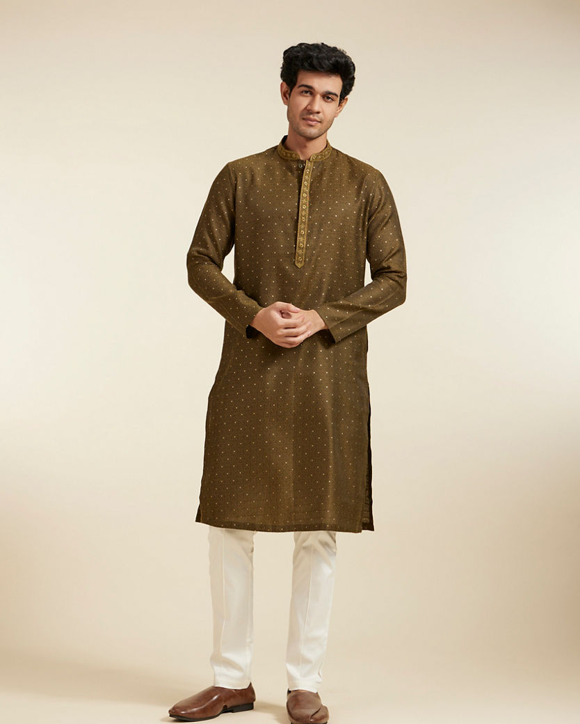 Diwas Men Olive Green Intricate Chowkadi Pattern with Sequin Work