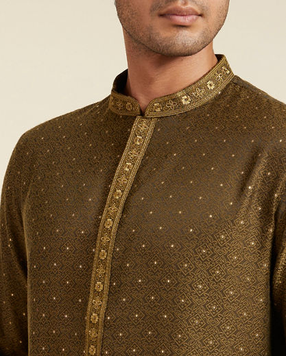 Diwas Men Olive Green Intricate Chowkadi Pattern with Sequin Work