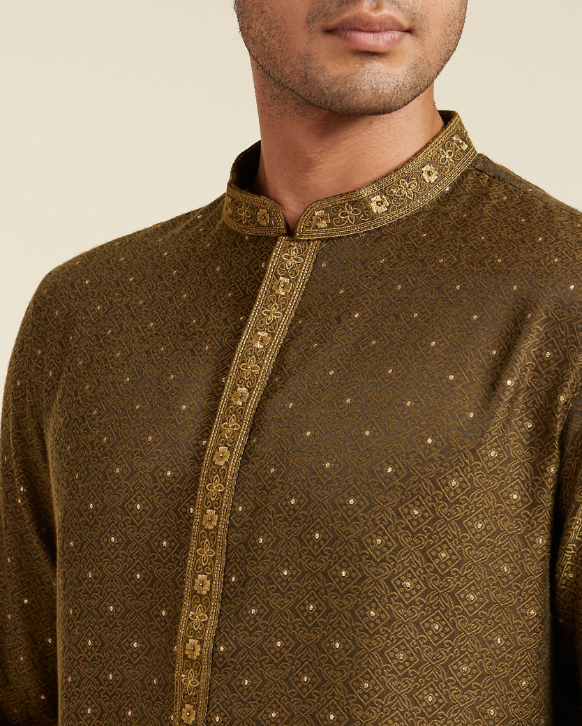 Diwas Men Olive Green Intricate Chowkadi Pattern with Sequin Work