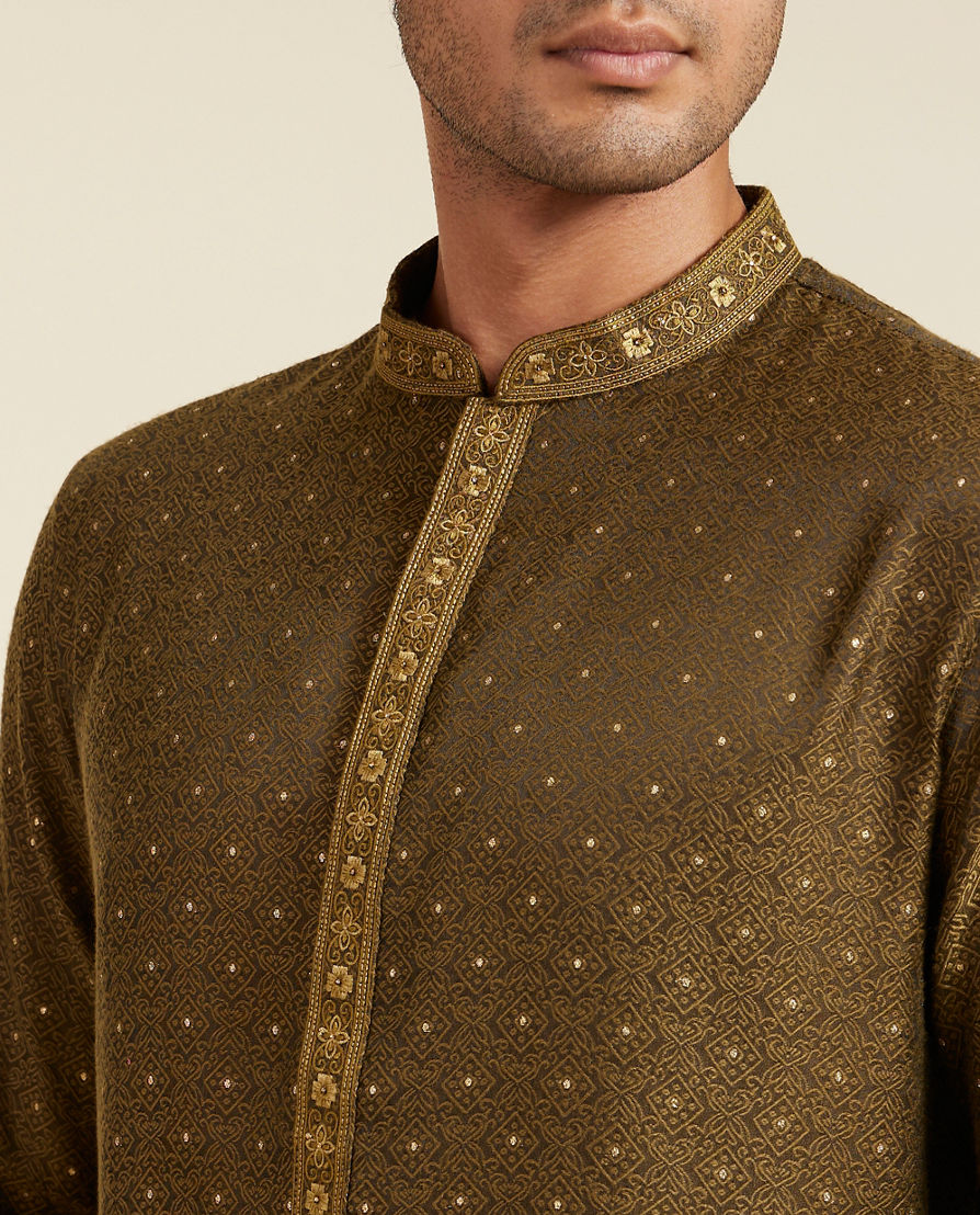Diwas Men Olive Green Intricate Chowkadi Pattern with Sequin Work
