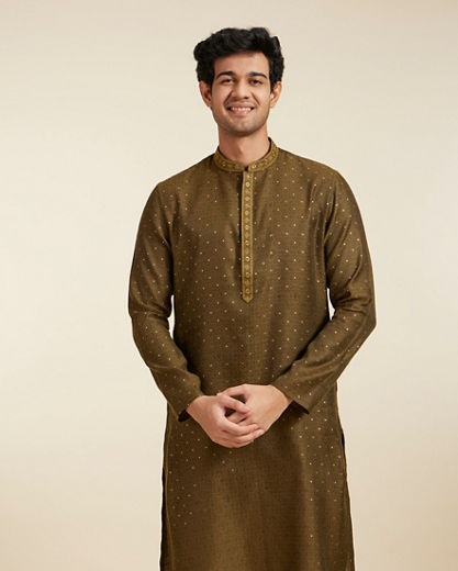 Diwas Men Olive Green Intricate Chowkadi Pattern with Sequin Work