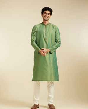 Diwas Men Forest Green Grid Patterned Kurta with Embroidered Neckline