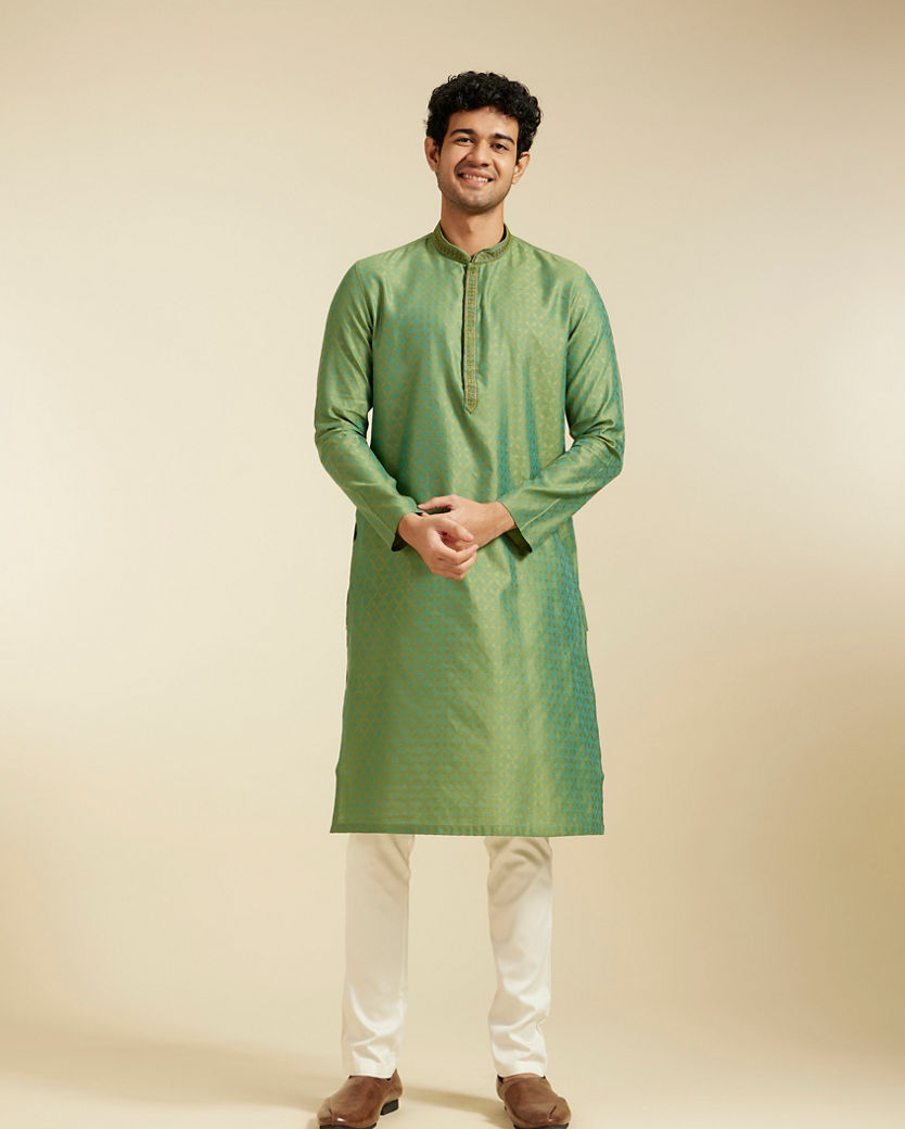 Diwas Men Forest Green Grid Patterned Kurta with Embroidered Neckline
