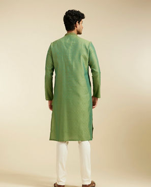 Diwas Men Forest Green Grid Patterned Kurta with Embroidered Neckline