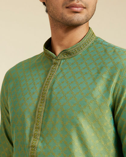 Diwas Men Forest Green Grid Patterned Kurta with Embroidered Neckline