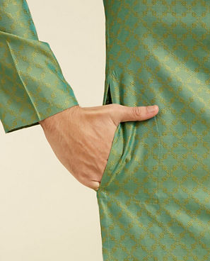 Diwas Men Forest Green Grid Patterned Kurta with Embroidered Neckline