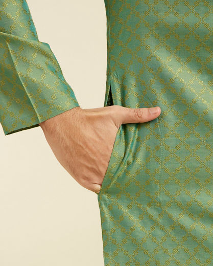 Diwas Men Forest Green Grid Patterned Kurta with Embroidered Neckline