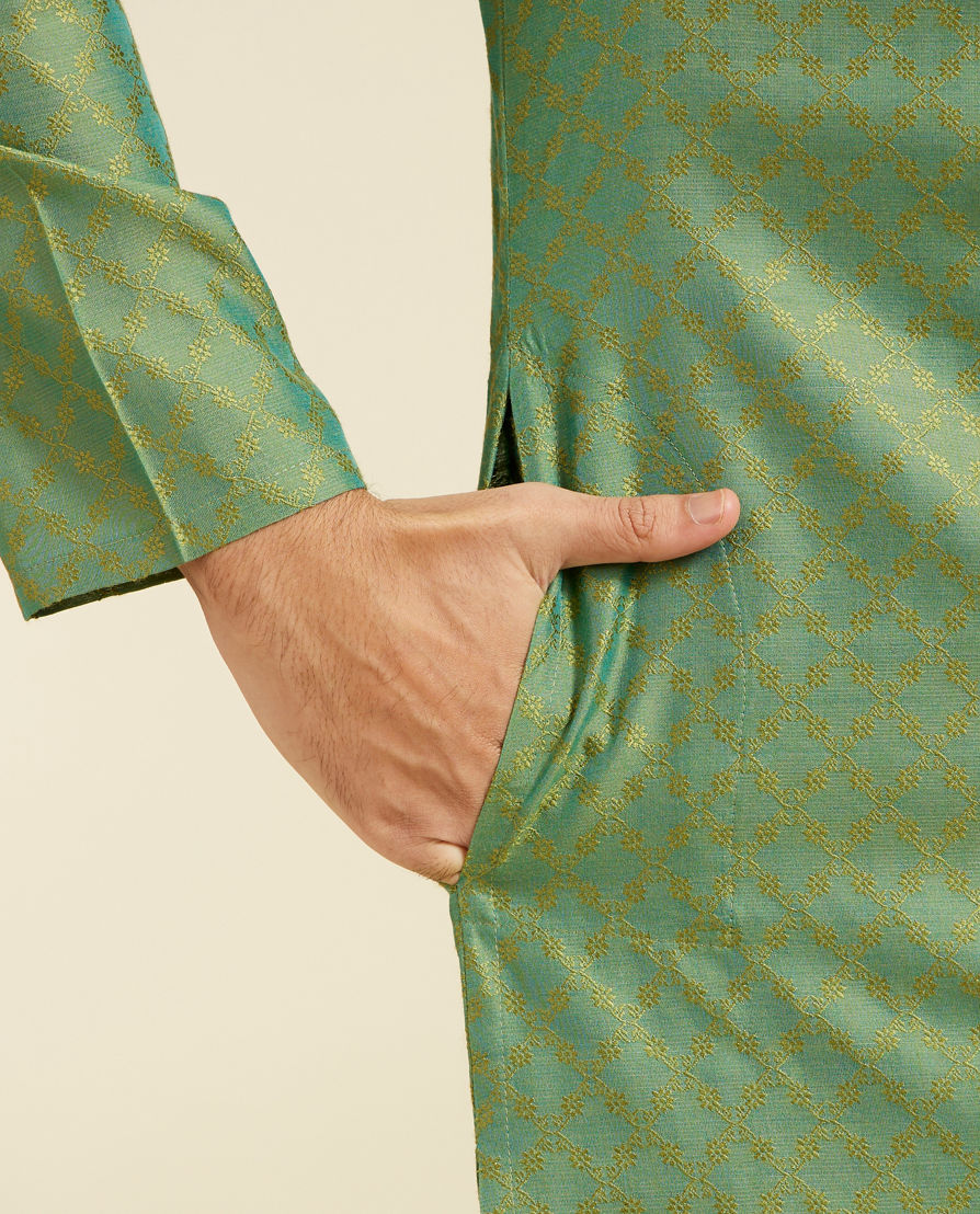 Diwas Men Forest Green Grid Patterned Kurta with Embroidered Neckline