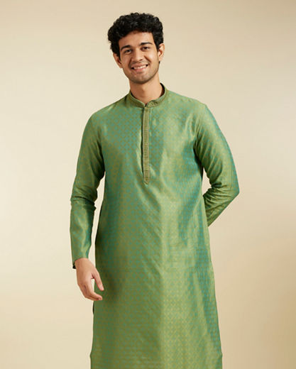 Diwas Men Forest Green Grid Patterned Kurta with Embroidered Neckline