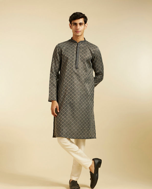 Diwas Men Davy Grey Jaal Patterned Kurta