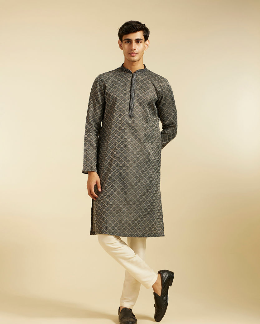 Diwas Men Davy Grey Jaal Patterned Kurta