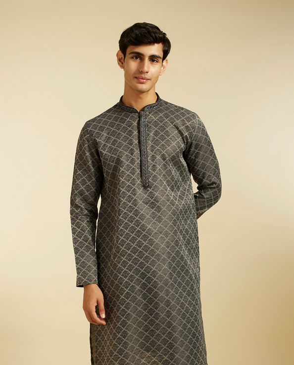 Diwas Men Davy Grey Jaal Patterned Kurta