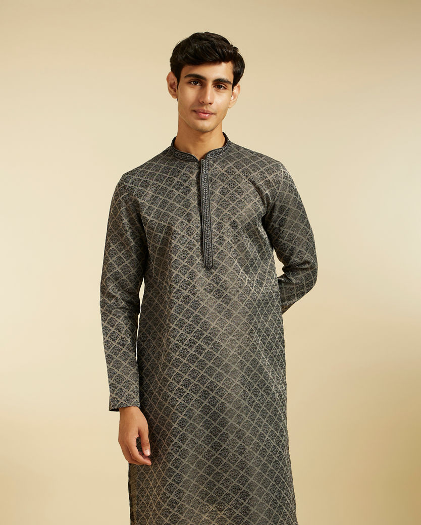 Diwas Men Davy Grey Jaal Patterned Kurta