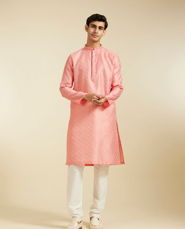 Diwas Men Flamingo Pink Jaal Patterned Kurta